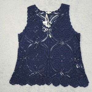 Ultra Pink Tank Top Womens Small Navy Blue Crochet V Neck Cotton Sleeveless NEW